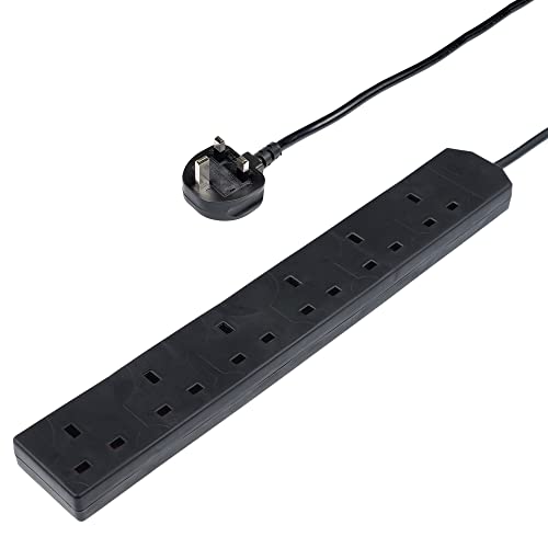 Invero 6 Way Gang Power Mains Extension Lead 1M Metre Cable British Approved 13A Amps - Black
