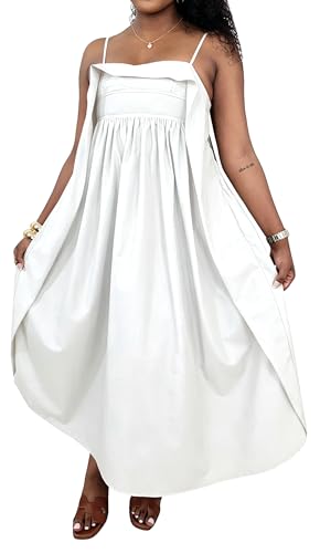 Image of YUEWOO Midi Dresses for Women Casual Summer Sundresses Vacation Outfits Spaghetti Strap Smocked Women Maxi Dress with Pockets