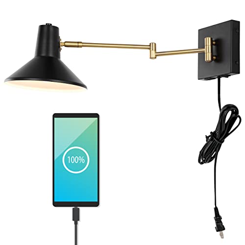 Image of JONATHAN Y 16 inch Black /Brass Gold 1-Light Modern Swing Arm Sconce with USB Port, Plug-in Midcentury LED Bedside Lamp with White Iron Shade for Bedroom Living Room (JYL1302B)