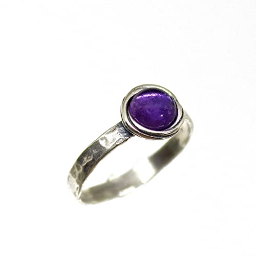 Amethyst Sterling Silver 925 Ring Band For Women, Purple Ring, Hammered Stone Stacking Ring, Birthstone Ring, Small Stone Ring (Amethyst, 6) #TOP2