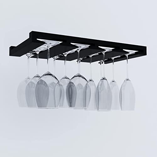 Rustic State 4 Sectional Adjustable Wood Under Cabinet Wine Glass Holder Wine Glass Rack Hanging Shelf Stemware Bar Organizer - 12 Wine Glass Storage - 10 Inch Deep - Black #TOP1