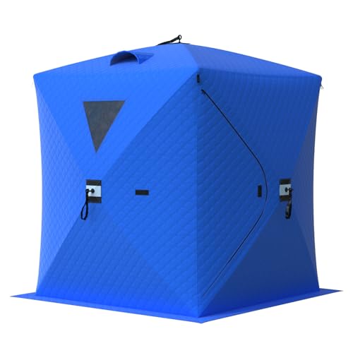 GarveeTech Pop Up Ice Fishing Tent, Portable Insulated Hub Shelter with 210D Oxford Fabric, Windproof Design for 3-4 Person Winter Fishing, Includes Anchors, Ropes & Carry Bag, Blue