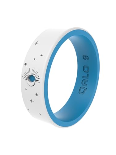 QALO Women's Rubber Silicone Ring, Bioluminescent Glow Stars, Night Sky or Flutter Strata Silicone Rubber Wedding Band, Breathable, Durable Engagement Silicone Ring, 5.5mm wide, 2.5mm thick, Multi Colors & Sizes