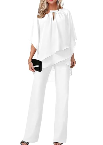 Traje de pantalón para mujer, de tul, juego de dos piezas con camisa de gasa y cintura alta, elegante, vintage, 2 piezas, para cóctel, fiesta, festivo, traje de noche para mujer, A blanco., M