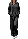 Ekouaer Womens 2 Piece Silk Satin Pajama Set Long Sleeve Lounge Sets Button Down Shirts and Pants PJs Soft Sleepwear Sets Black M