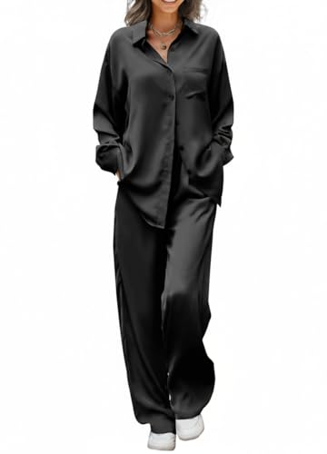 Ekouaer Womens 2 Piece Silk Satin Pajama Set Long Sleeve Lounge Sets Button Down Shirts and Pants PJs Soft Sleepwear Sets Black M