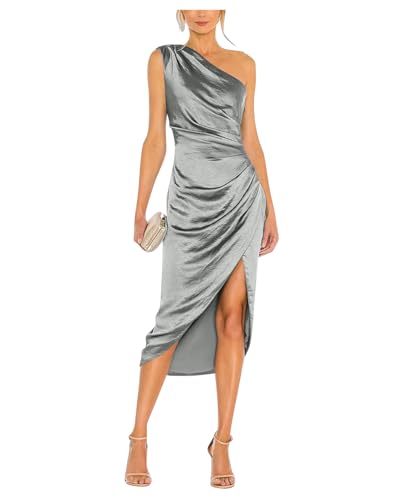 Image of Satin Bridesmaid Dresses for Women One Shoulder Prom Dress Pleated Midi Formal Cocktail Gown Wedding Guest Dress with Slit