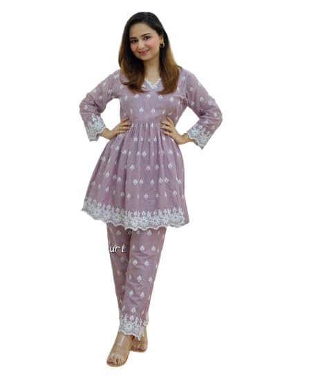 PMJ Creation Pure Cotton Embroidered Work Lilac Co-Ord Set | Co-Ord Set for Women & Girls