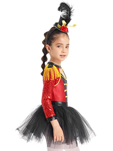 Dpois Kids Girls Circus Ringmaster Costume Sequins Long Sleeve Dance Dress Halloween Tutu Skirts With Hat Red 16 Years #TOP1