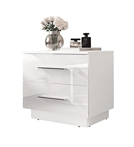 Table de Chevet Lina avec poignées chromées et tiroirs et éclairage LED Blanc Brillant HG Chambre à Coucher Console de Nuit Table d'appoint Cover