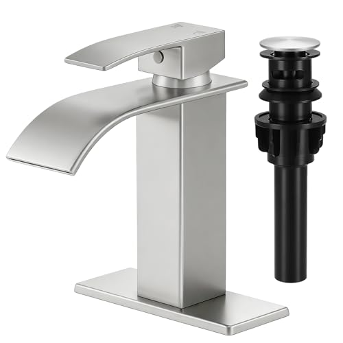 LUFG Bathroom Faucets Brushed Nickel Waterfall Bathroom Sink Faucet Modern Single Handle Bathroom Faucet for 1 or 3 Hole Mxier Tap Washbasin Faucet with Deck, Pop-up Drain and Supply Hoses