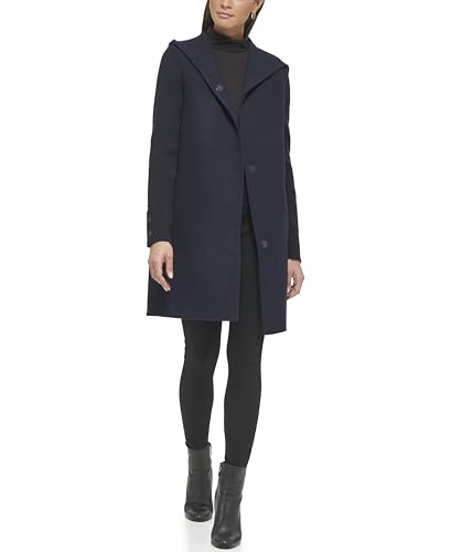Image of Kenneth Cole Women's Hooded Double Face Wool With Hidden Snap Closure and Rib Knit Sleeve Coat