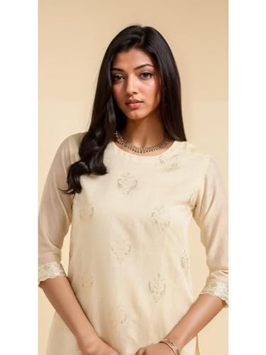 Image of rangita Off White Chanderi Embroidered Straight Kurta with Pant | Kurta Set for Women