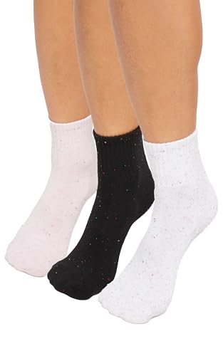 Wildfox Women's Diamond Speckle Mid-Crew Pilates Sock with Non-Slip Grip, 3-Pack, Ballerina Pink/White/Black