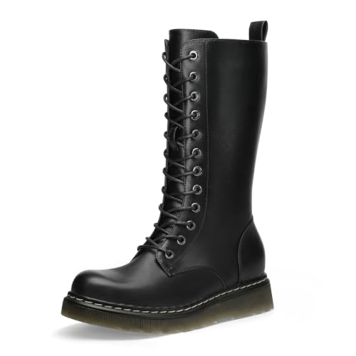 Image of Athlefit Women's Lace-Up Combat Boots for Fall /Winter, Non-Slip Platform Mid Calf Boots with Inside Zipper, Comfortable & Stylish for Work, Costume or Everyday Wear