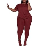 PINSV Women's Plus Size 2 Piece Outfits Tracksuits Short Sleeve Top Pants Sets Sweatsuits Burgundy 3XL