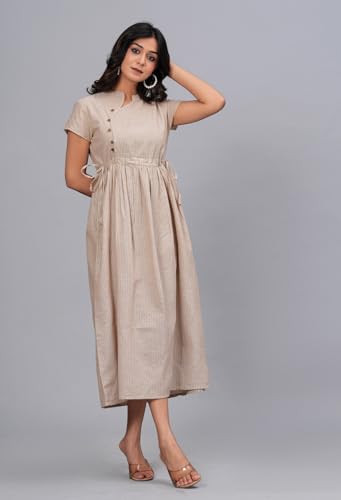 Image of Women's Cotton Striped Mandarin Collar Short Sleeves Dailywear Fit and Flared Midi Dress