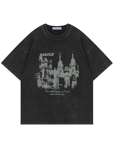 Aelfric Eden Mens T Shirts Castle Graphic Washed Tee Shirt Cotton Short Sleeve Tees Y2k Streetwear Casual 2025 Trendy Tops