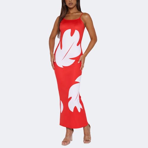 Image of TICIFEN Hawaiian Costume Dress Women's Halloween Red Leaf Printed Hawaiian Dress Spaghetti Strap Princess Maxi Dresses