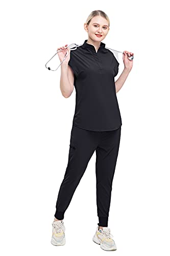VIAOLI Scrubs for Women Set V Neck Pet Nursing Sets Scrubs Women Uniforms Blouses Working Clothes (Black, S)