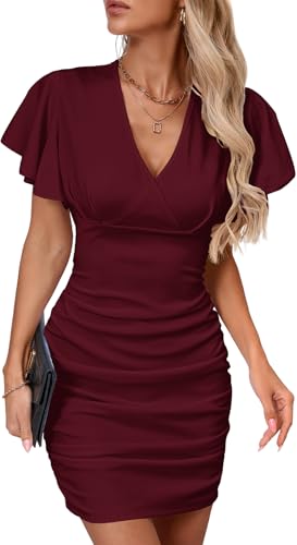 Image of Women's Sexy V Neck Ruffle Sleeve Bodycon Mini Cocktail Party Dress Casual Short Sleeve Work Dress
