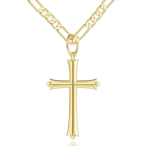 SPOINT Mens Cross Necklaces 14K Gold Cross Necklace for Men Paired with 4.3MM Figaro Chain Engineered for Comfort Gold Crosses Pendant Necklace 20/22/24in