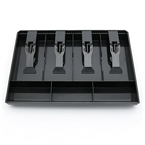 Xiaokeis Cash Drawer Tray, Cash Register Drawer Replacement, 4 Grids Cash Drawer Insert Tray Storage Case, Money Drawer with Clip, Cash Tray for Store Cash Money Coin(Black)