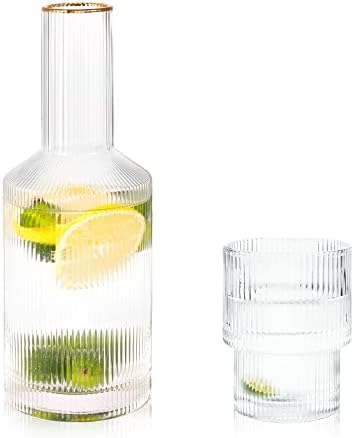 DI QIU REN Bedside Water Carafe and Glass Set, Clear Ribbed Night Water Carafe with Tumbler Cup, 28oz Water Pitcher with 7oz Glass Cup, Fluted Glassware Carafe with Cup for Bedroom Nightstand