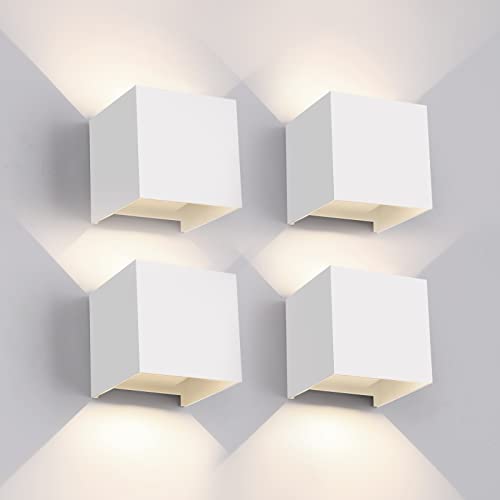 Mille Lucciole 12W 4Pack Outdoor Wall Lights Exterior/Interior,LED White Outdoor Wall Sconces Light Fixtures Modern,IP65 Waterproof Square Aluminum Wall Lamps, Up and Down Lights 4500K Natural Lights