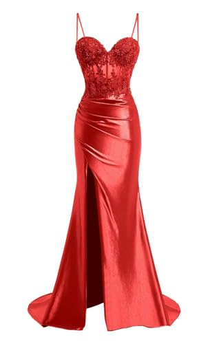 Mermaid Prom Dresses for Women Sparkly Satin Lace Appliques Formal Dress with Slit Spaghetti Straps LW181