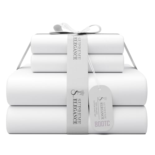 SUPREME ELEGANCE 800 Thread Count Queen Arctic White Sheets Set, Ultra Soft & Silky Cotton Rich Easy Care Bed Sheets, Sateen Sheet Set with Deep Pocket (1 Flat Sheet, 1 Fitted Sheet & 2 Pillowcases)