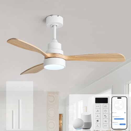 Image of Sofucor 48 Inch Smart Wood Ceiling Fans with Lights, Flush /Downrod Mount | Alexa /App /Remote Control, Quiet Reversible DC Motor, 3CCT Dimmable, Indoor /Covered Outdoor /Bedroom /Living Room, Natural Wood