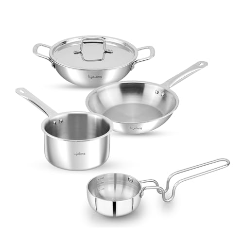 Image of Lifelong Triply 5 piece cookware set|Triply Kadai, Frypan, Saucepan & Tadka Pan for Cooking | 20cm Kadai (1.7L)& Fry Pan (1.2L) 20cm| 14cm Saucepan (1.2L) & Tadka Pan 10 Cm with Common Lid (LLTPDK009)|Induction and Gas Stove Compatible