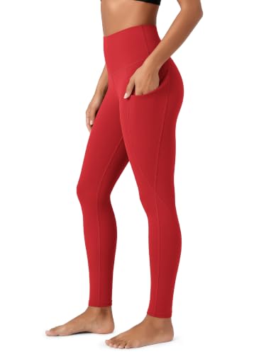 ODODOS Women's High Waisted Yoga Leggings with Pockets, 30" Inseam Tall Full Length Tummy Control Workout Running Yoga Pants, Red, X-Large