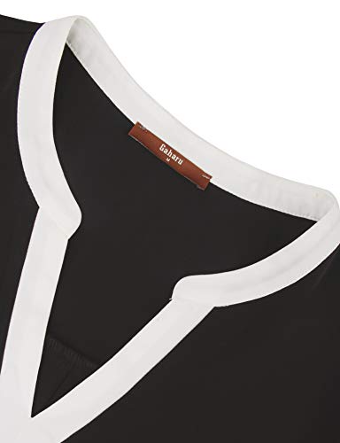 Gaharu Women's Work Tops Casual V Neck Blouses Color Block Chiffon Zipper Shirts 3/4 Cuffed Sleeve Tunics Black,Medium #TOP4