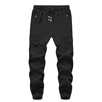 Muaney Boys Girls Joggers Cargo Pants with Zipper Pockets Elastic Waist School Casual Trousers, 9-10, Black