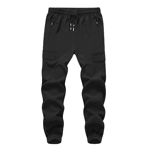 Muaney Boys Girls Joggers Cargo Pants with Zipper Pockets Elastic Waist School Casual Trousers, 9-10, Black