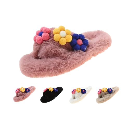 Women's Cute Flower Plush Slippers - Cross - Strap Design - Soft Sole & Cozy Lining - Indoor Outdoor Casual Shoes