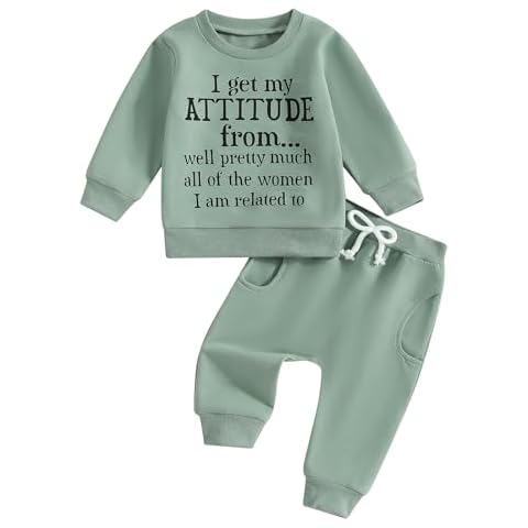 Mandizy Baby Girl Fall Clothes Funny Letter Print Long Sleeve Crew Neck Sweatshirt Casual Pants Set Toddler Winter Outfit (Green, 2-3T) Cover