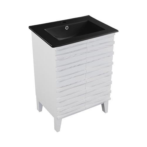 Image of Swiss Madison Cascade 24 in. White Oak Bathroom Vanity with Black Ceramic Sink Top