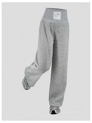 Girl's Elastic High Waisted Sweatpants Wide Leg Letter Patched Track Pants Trousers Grey 13Y4