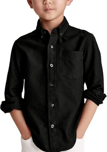 Haloumoning Jungen Langarm Hemden Baumwoll Casual Hemd Kinder Einfarbig Shirt Oberteil mit Brusttasche, Schwarz, 10-12 Jahre