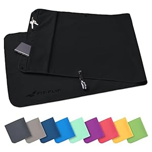 Fitness handdoek set met vak met ritssluiting + magneetclip, voor patent aangemelde multifunctionele handdoek, microvezel handdoek (Zwart)