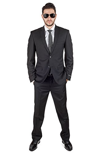 Slim Fit Men Suit Solid Black 2 Button Notch Lapel Flat Front Pants by Azar3