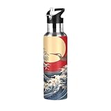 Botella de agua japonesa de acero inoxidable aislada con ondas marinas, a prueba de fugas y sudor, botella de agua al vacío con pajilla para gimnasio, deportes al aire libre, 600 ml