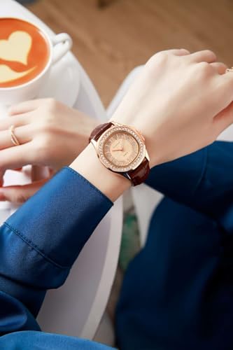 Image of Giordano Luxury Analog Watch for Women with Crystal-Studded Bezel & Leather Strap - Octagonal Case, Elegant Quartz Wristwatch