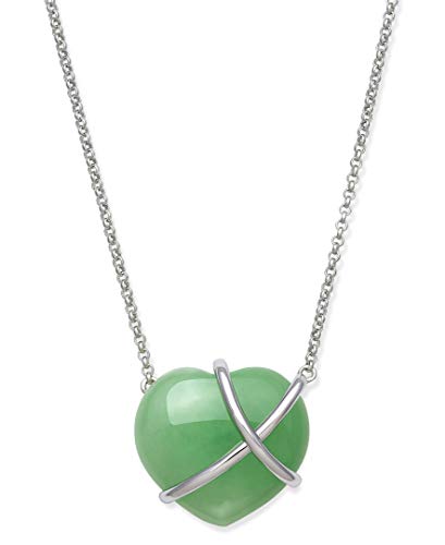 Belacqua Natural Blue Aquamarine, Pink Rose Quartz or Green Jade Heart Pendant Necklace or Jewelry Set in Sterling Silver, Rolo Chain: 17.5