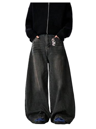 Verdusa Men's Vintage Baggy Jeans Streetwear Grunge Wide Leg Denim Pants with Pockets