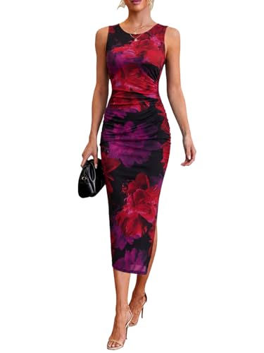 oten Midi Cocktail Dresses for Women Sleeveless Floral Ruched Bodycon Mesh Split Summer Wedding Guest Date Dinner Dress Black Berry Floral Medium