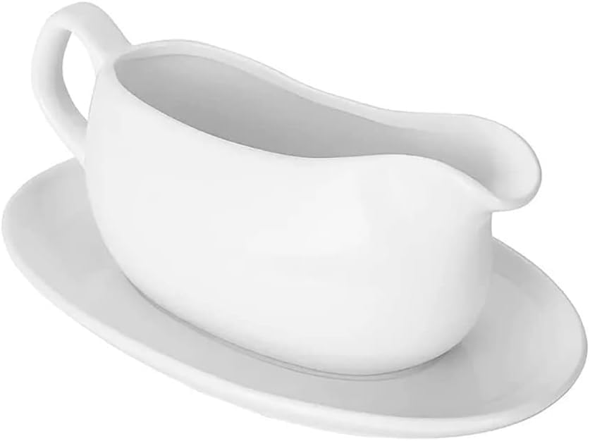 MiecuxLarge Gravy Boat, 15 OZ Ceramic Sauce Boat with Tray &Ergonomic Handle, Fine Porcelain Gravy Bowl With Big Dripless Lip Spout For Gravy, Warming Sauces, Salad Dressings, MilK (White)